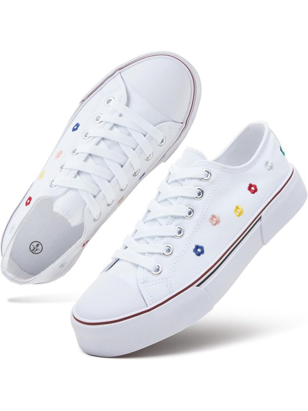 Women's White Embroidery Low Top Canvas Slip on Casual Tennis Fashion Sneaker